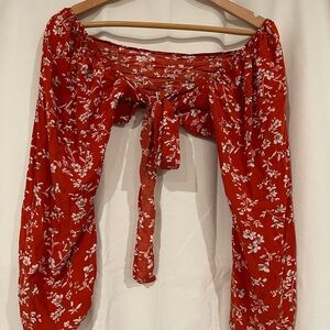 Boho Red Floral Tie Front Top